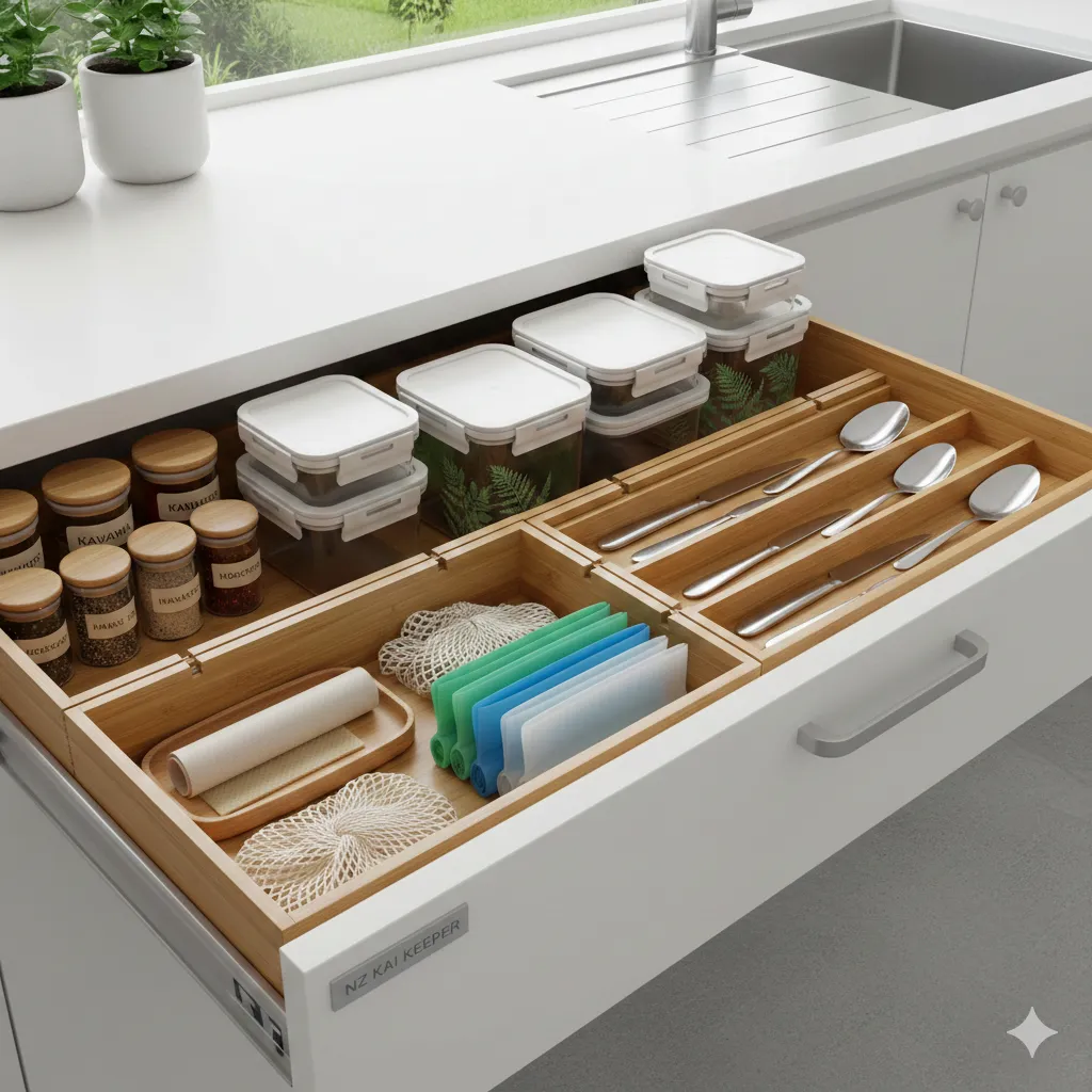 Kitchen organisation kit with drawer dividers and storage containers for New Zealand kitchens