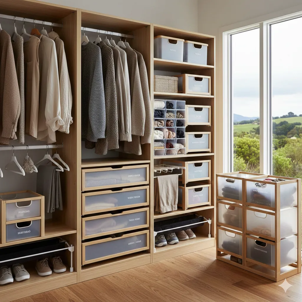 Wardrobe organiser set for efficient clothing storage in New Zealand homes
